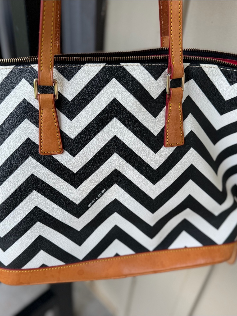 Dooney & Bourke Black and White Chevron Tote with Brown Leather Trim - Picture 4 of 11